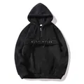 Premium black men's sherpa fleece half-zip hoodie featuring Muscletack chest lettering - S / Tops / Black