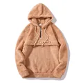 Comfortable men's light brown sherpa fleece half-zip hoodie with embroidered pocket detail - S / Tops / Orange