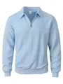 Detail of light blue quarter-zip polo sweater with cable and diamond knit texture. - S / Tops / Light Blue
