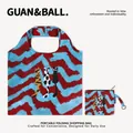 Red and blue wavy pattern foldable shopping bag set with cute cartoon cat prints - S / Blue Wave Three Cats Square (HT-307)