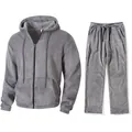 Two-piece mens grey fleece hooded tracksuit set with zip-up jacket and drawstring pants - S / Top And Bottom / Gray