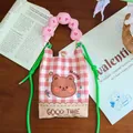 Kawaii bear phone bag with red gingham pattern and green crossbody rope - Teddy Bear / Pink