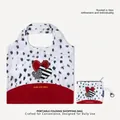 Detail view of portable folding shopping bag with heart pattern and matching pouch - S / White Leopard Heart Square (HT-307)
