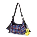 Vintage blue and red checkered plaid hobo shoulder bag with a yellow glove charm tag - Red and Brown Checkered