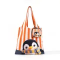 Cute orange striped tote bag with cartoon penguin design and matching small pouch - Set / White Penguin