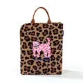 Trendy leopard print tote bag featuring a pink cat doodle illustration for women - Brown Leopard Pink Spotted Cat