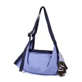 Stylish blue striped padded canvas shoulder bag featuring a unique glove pendant detail. - Blue & Grey Striped