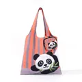 Large cute panda embroidered foldable shopping tote bag with orange striped pattern design - Set / Grey Panda