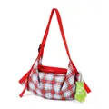 Vintage red and blue plaid canvas tote bag with decorative green glove charm pendant - Royal Stewart Plaid