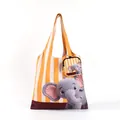 Cute cartoon elephant printed yellow striped foldable tote bag with matching pouch. - Set / Yellow Elephant