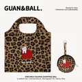 Leopard print folding shopping bag with cute cartoon cat and apple graphic details - Coffee Leopard Cat on Apple Round (HT-307)
