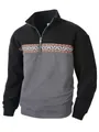 Close-up of men's half-zip fleece sweatshirt with color-block and geometric pattern - M / Tops / Black and Gray