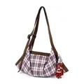 Sac fourre-tout en toile à carreaux vintage avec bandoulières marron et étiquette gant - Grille Marron