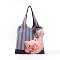 Grand sac cabas à rayures avec motif cochon rose mignon et petite pochette pour femmes - Ensemble / Cochon Bleu
