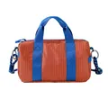 Stylish orange grid bowling bag featuring vibrant blue handles and crossbody cord strap. - L / Orange