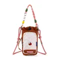 Brown cartoon crossbody phone bag with pink chevron pocket and colorful rope strap - Wave Cat