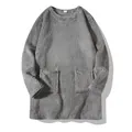 Detail view of gray plush long-sleeved fleece sweatshirt with round neck and pockets. - XS / Tops / Gray