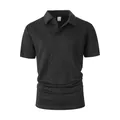 Men's black short sleeve Polo shirt with textured cable jacquard and button collar - S / Tops / Black