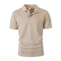 Men's khaki short sleeve polo shirt featuring a textured jacquard knit pattern and collar - Khaki