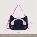 Navy blue cartoon cat crossbody bag with embroidered headphone design and colorful strap. - Navy Cat With Headphones