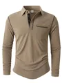 Detailansicht eines braunen Herren-Langarm-Poloshirts mit schwarzer Kontrastleiste - S / Oberteile / Khaki