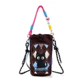 Brown cartoon black cat crossbody bag for water bottle or phone with colorful rope straps - Dark Choco Cat