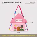 Cute pink house-shaped crossbody phone bag featuring sun and flower embroidery - Pink House Organizer
