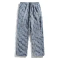 Grey warm fuzzy checkerboard straight leg pants with adjustable drawstring waist for winter home - S / Bottoms / Gray
