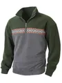 Detail view of men's half-zip fleece sweatshirt with green and grey color-blocking - M / Tops / Green and Gray Patchwork