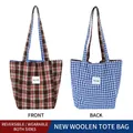 Large capacity reversible woolen plaid tote bag featuring brown check and blue gingham patterns. - Underarm Bag (HT-211) / Dark Red Plaid