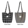 Large capacity reversible woolen plaid tote bag for women showing front and back - Underarm Bag (HT-211) / Black-Grey Plaid
