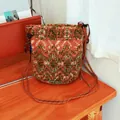 Cozy winter plush crossbody bag with orange and green patterned lamb wool fleece - Small Bucket Style (HT-277) / Drawstring / Dark Orange Fair Isle