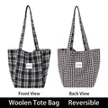 Stylish double-sided woolen tote bag featuring large plaid and gingham patterns for daily commute - Underarm Bag (HT-211) / Black Grey-Black White Plaid
