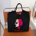 Large black nylon tote bag with stylish woman embroidery for daily commuting needs - Black - Rose Red Headscarf