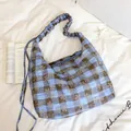 Fresh blue and brown checkered shoulder bag featuring delicate floral patterns and ruffled strap. - Coffee Blue Large Plaid
