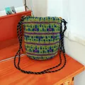 Casual plush lamb wool shoulder bag with colorful ethnic geometric pattern for women - Small Bucket Style (HT-277) / Drawstring / Dark Green Colored Stripe