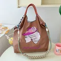 Japanese style brown nylon tote bag with portrait embroidery and braided rope shoulder strap - Coffee - Playful Avatar