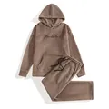 Close-up detail of soft brown plush fleece fabric with Muscleattack logo embroidery - S / Top And Bottom / Khaki