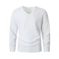 Camiseta transpirable de lino blanco con cuello en V y manga larga para hombre, corte holgado - M / Tops / Blanco