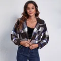 Fashionable plaid lantern sleeve cropped jacket with doll collar shown on model detail view - S / Tops