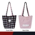 Sac cabas réversible en laine à carreaux et rose à grande capacité pour femmes - Sac Sous le Bras (HT-211) / Carreaux Bleu et Noir