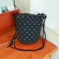 Casual dark gray plush lamb wool bucket bag with white polka dots and rope strap - Small Bucket Style (HT-277) / Drawstring / Gray Floral