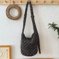 Fuzzy grey patterned plush shoulder bag with adjustable strap and wooden button closure - Adjustable Length / Gray Floral