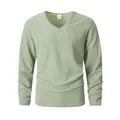 Camisa de lino para hombre con cuello en V y manga larga en verde salvia transpirable - M / Tops / Verde claro