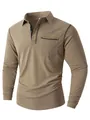 Heren poloshirt met lange mouwen in kaki met contraststiksel en een borstzak voor vrije tijd. - S / Tops / Khaki