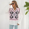 Elegante gilet in maglia rosa Y2K senza maniche con motivi a teschi e rombi neri - Taglia S / Top / Rosa