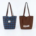 Grand sac cabas réversible en laine à carreaux avec motif à carreaux bleu et marron - Sac Sous le Bras (HT-211) / Plaid Bleu Marron