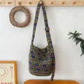Vintage green plush crossbody bag with purple geometric patterns and adjustable strap - Adjustable Length / Dark Green Colored Stripe