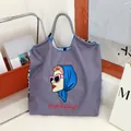 Grand sac fourre-tout gris en nylon avec broderie élégante et poignée à carreaux - Gris Foncé - Foulard Bleu