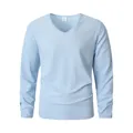 Camiseta informal de lino para hombre en azul claro con cuello en V y manga larga - M / Tops / Azul claro